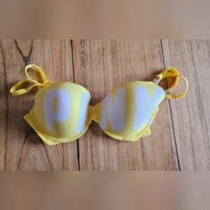 "Vibrant Yellow T-Shirt Bra with 'PINK' Logo from Victoria's Secret, Size 34DD